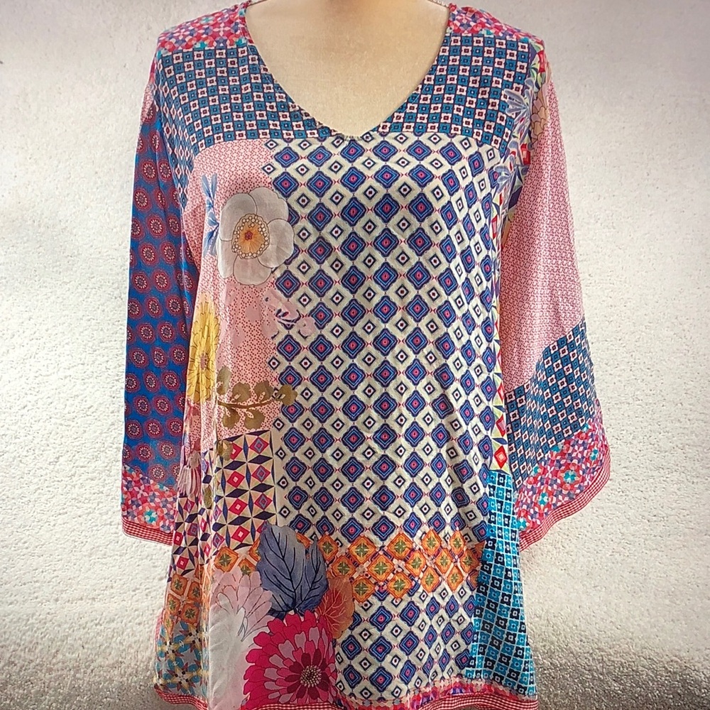 Johnny Was Multicolor Floral & Geometric V-Neck Tunic